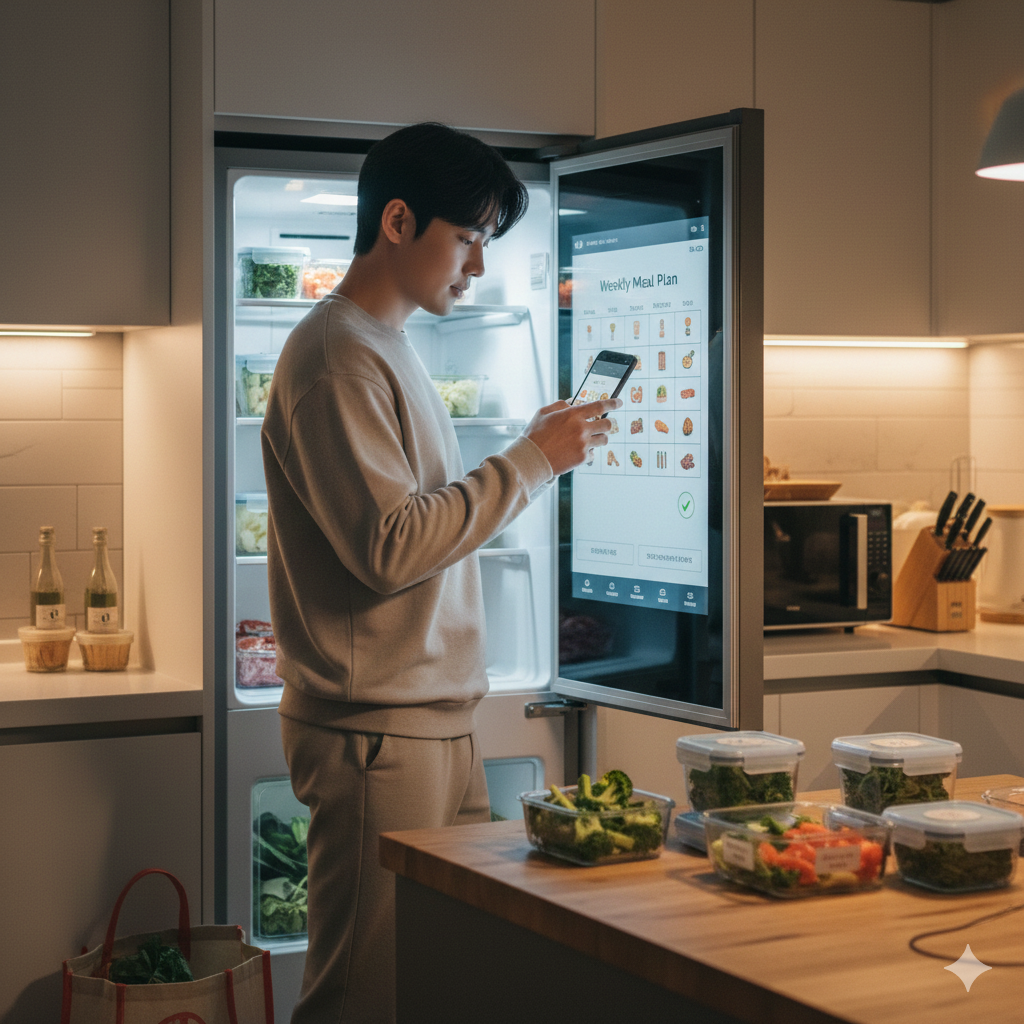 세련된 현대식 주방에서 젊은 남성이 스마트 냉장고의 스크린과 자신의 스마트폰을 연동해 식재료 재고를 체크하고 있어요. 냉장고 안에는 소분된 음식들이 가득하고 아일랜드 식탁 위에는 장바구니와 손질된 브로콜리가 놓여 있어요.