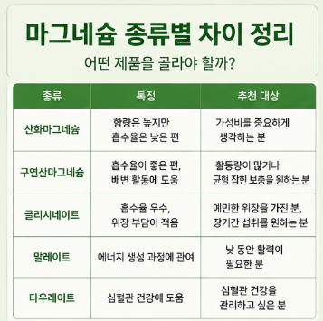 마그네슘 종류별 차이 총정리! 산화·구연산·글리시네이트 어떤 걸 먹어야 할까?3