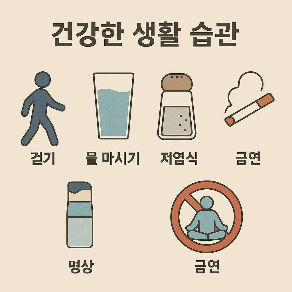 혈압 관리를 위한 생활 습관을 보여주는 인포그래픽