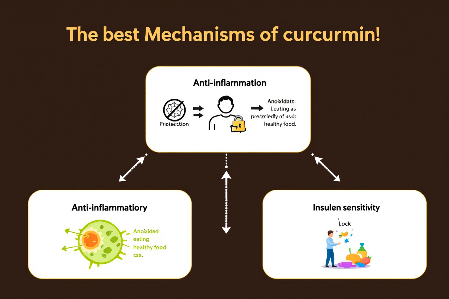 "커큐민의 항염증, 항산화, 인슐린 민감도 개선 기전을 요약한 다이어그램"