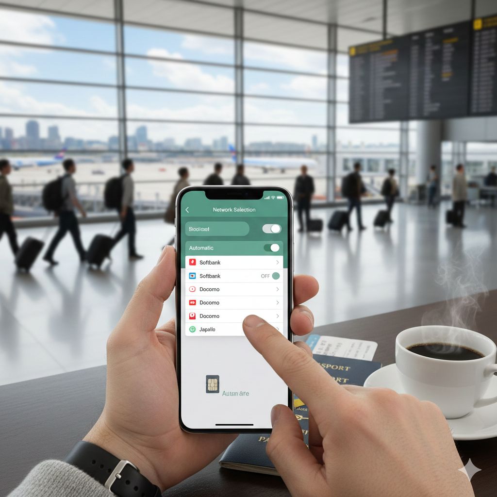 해외 공항 라운지 테이블 위에 놓인 스마트폰을 조작하는 모습이에요. 화면에는 일본의 소프트뱅크나 도코모와 같은 현지 통신사 리스트가 떠 있고, 사용자가 수동으로 네트워크를 선택하려는 장면이 생생하게 담겨 있어요. 옆에는 여권과 따뜻한 커피 한 잔이 놓여 있어 여행지에서의 긴박한 문제 해결 상황을 사실적으로 보여주는 사진이에요.
