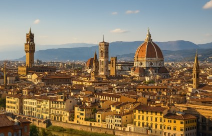 이탈리아 피렌체의 대성당과 베키오 궁전이 석양빛에 물든 전경