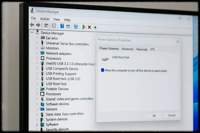 윈도우 장치 관리자에서 USB Root Hub의 전원 절약 옵션을 해제하는 장면