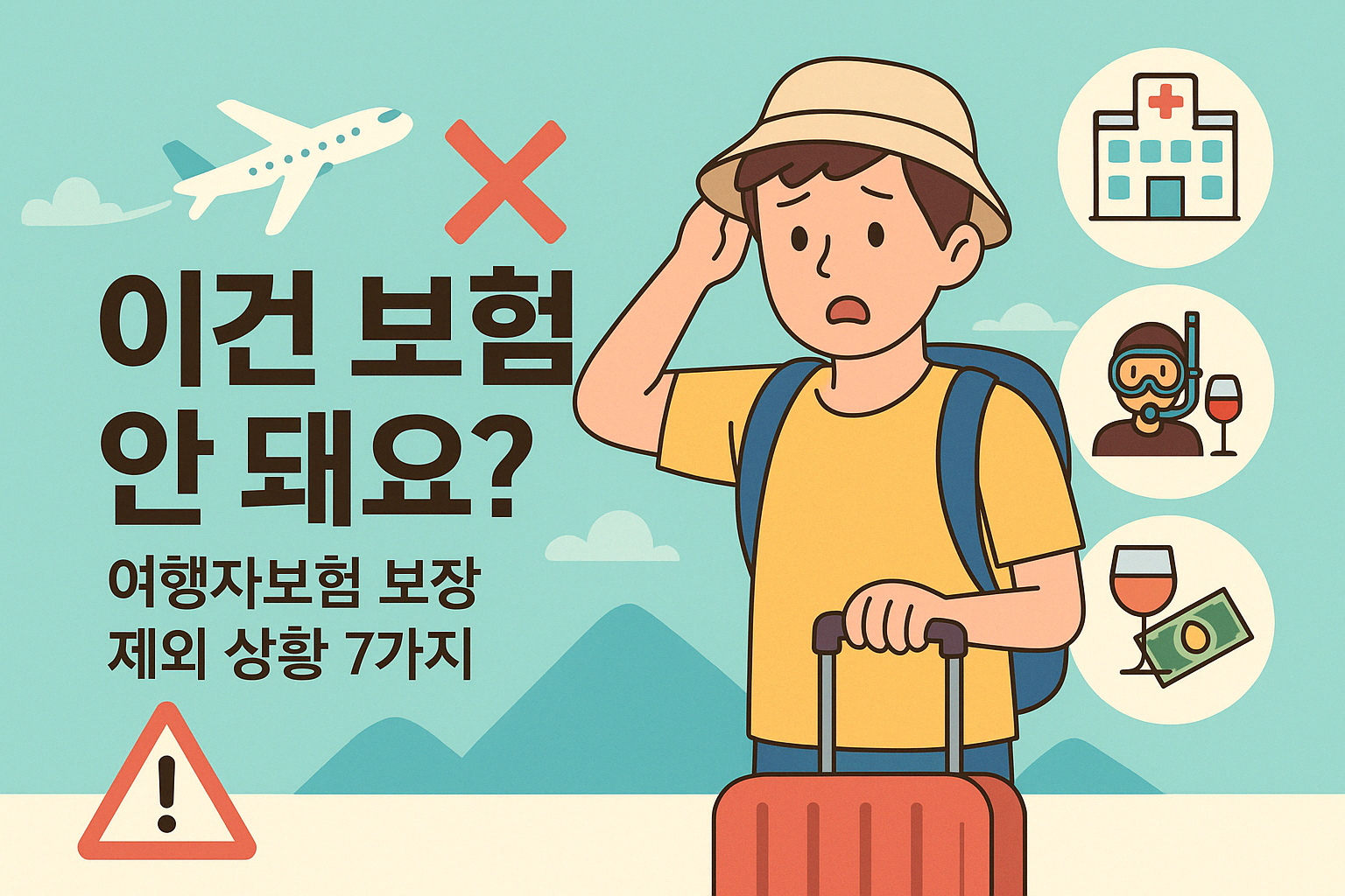 여행자보험 보장 제외 상황을 설명하는 썸네일 이미지. 놀란 표정의 여행자가 병원, 스쿠버다이빙, 술 등의 보장 제외 아이콘과 함께 등장함.