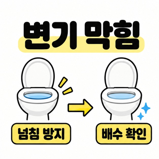 변기 막힘 제목 아래 변기 그림 두 개를 화살표로 연결해 넘침 방지에서 배수 확인으로 이어지는 대응을 보여주는 이미지
