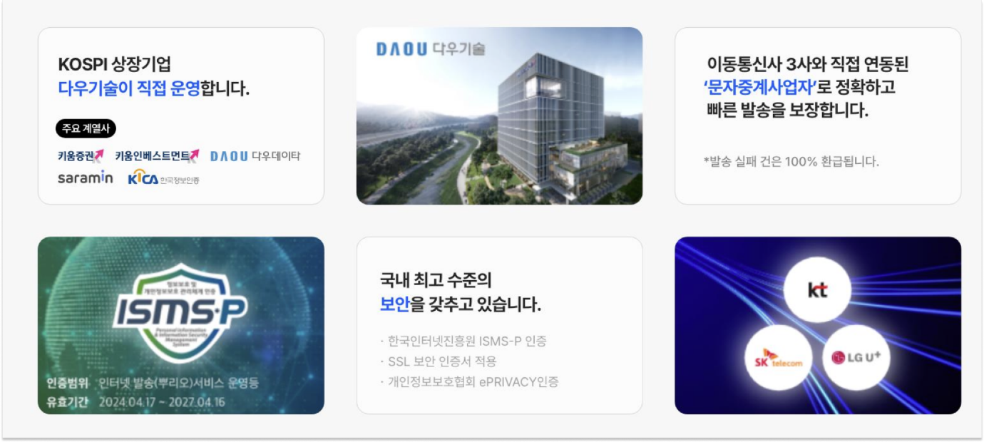 KOSPI 상장기업 다우기술이 직접 운영하는 기업용 메시징 서비스 뿌리오의 보안·신뢰성 안내 이미지로, ISMS-P 인증과 이동통신 3사(KT·SKT·LG U+) 직접 연동 구조를 강조함