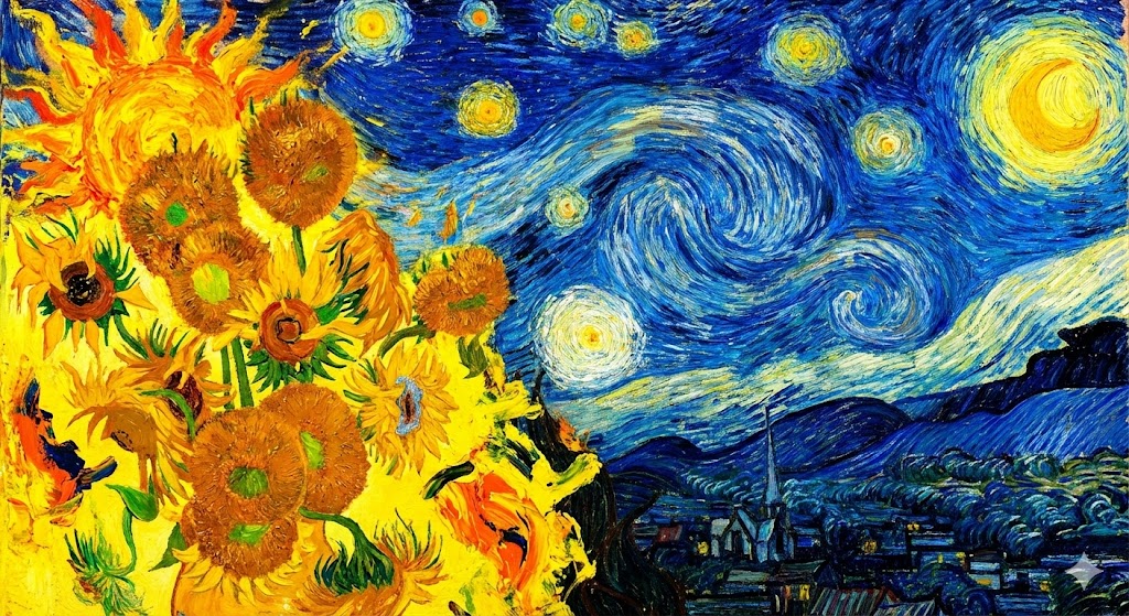 반 고흐 스타일의 별이 빛나는 밤과 해바라기 이미지