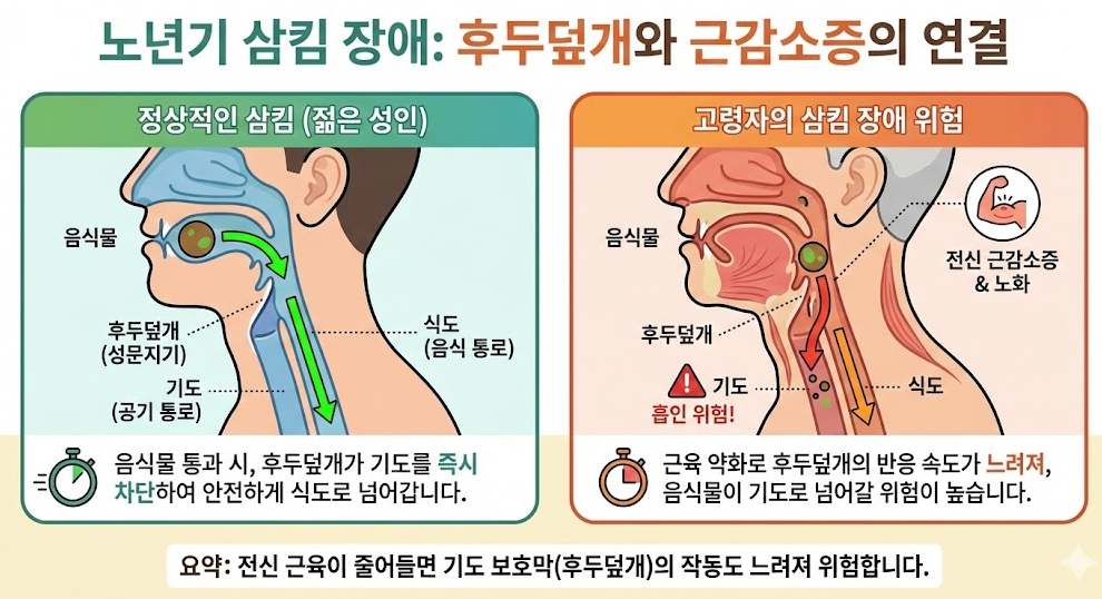 정상적인 삼킴 과정과 고령자의 삼킴 장애 위험 비교. 근감소증 및 노화로 인해 후두덮개 반응 속도가 느려져 음식물이 기도로 넘어가는 흡입 위험 메커니즘 설명