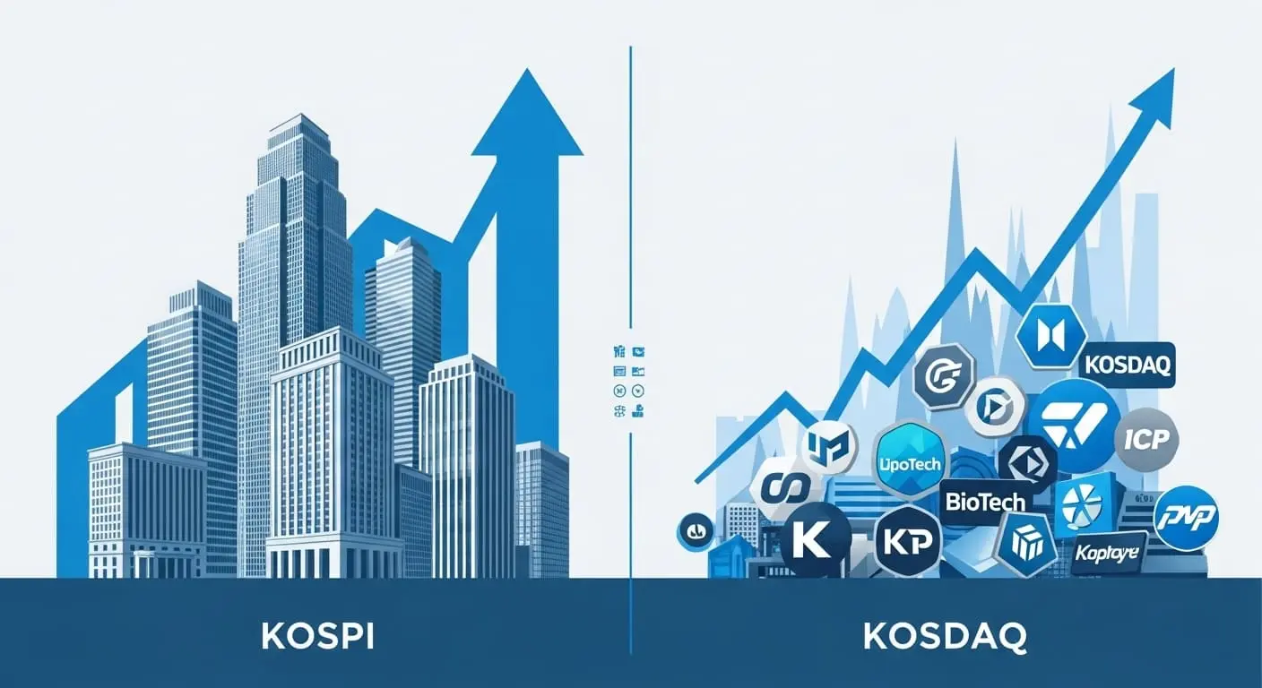 코스피(대형 안정 기업)와 코스닥(중소 성장 기업) 시장의 특징을 시각적으로 비교한 인포그래픽