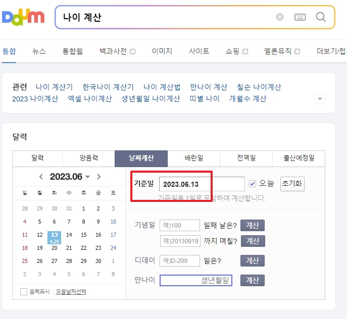 온라인 나이 계산기를 이용해 만 나이 확인하는 모습