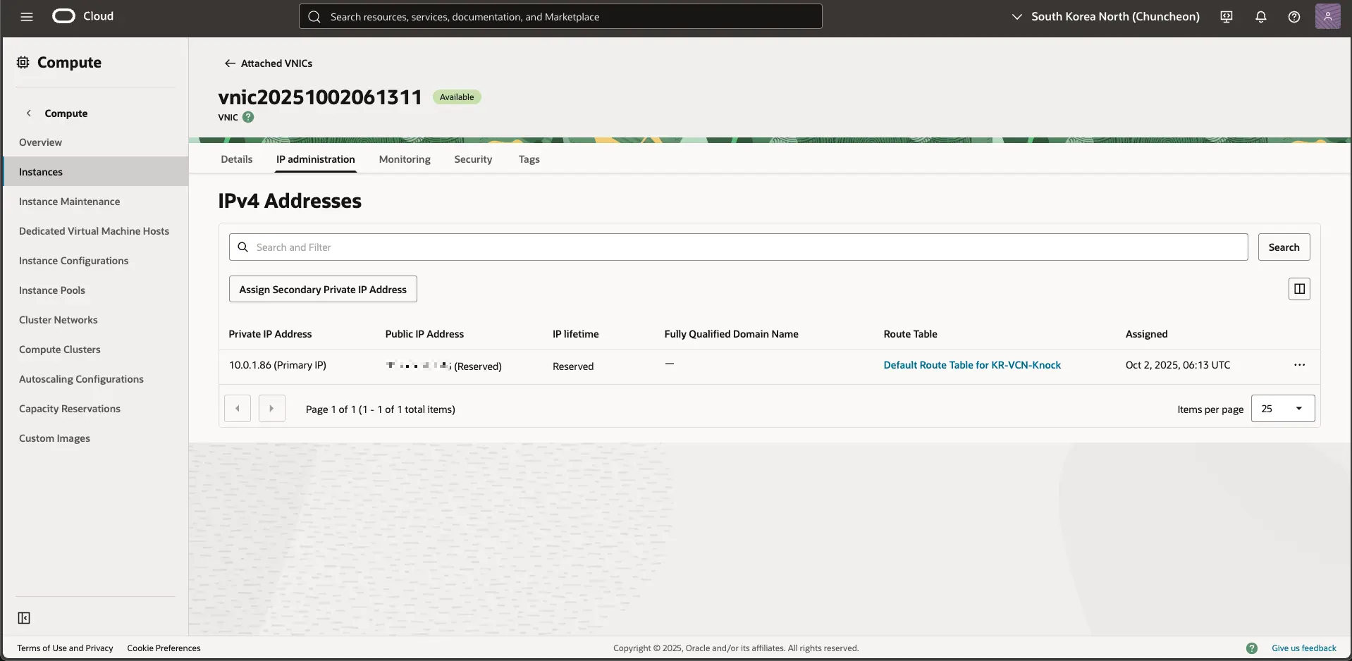 오라클 클라우드 - VNIC Details - IP administration