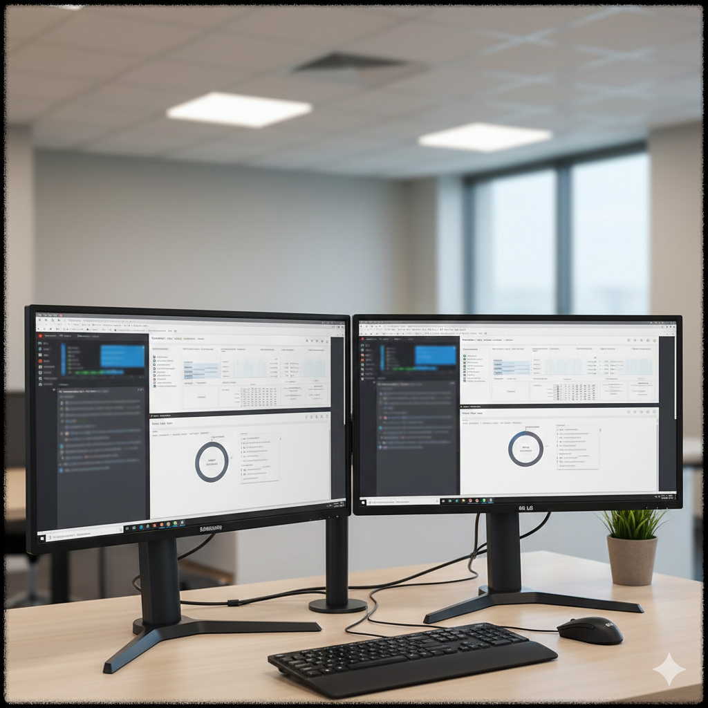 듀얼 모니터의 높이와 위치를 맞춰 배치한 책상 환경