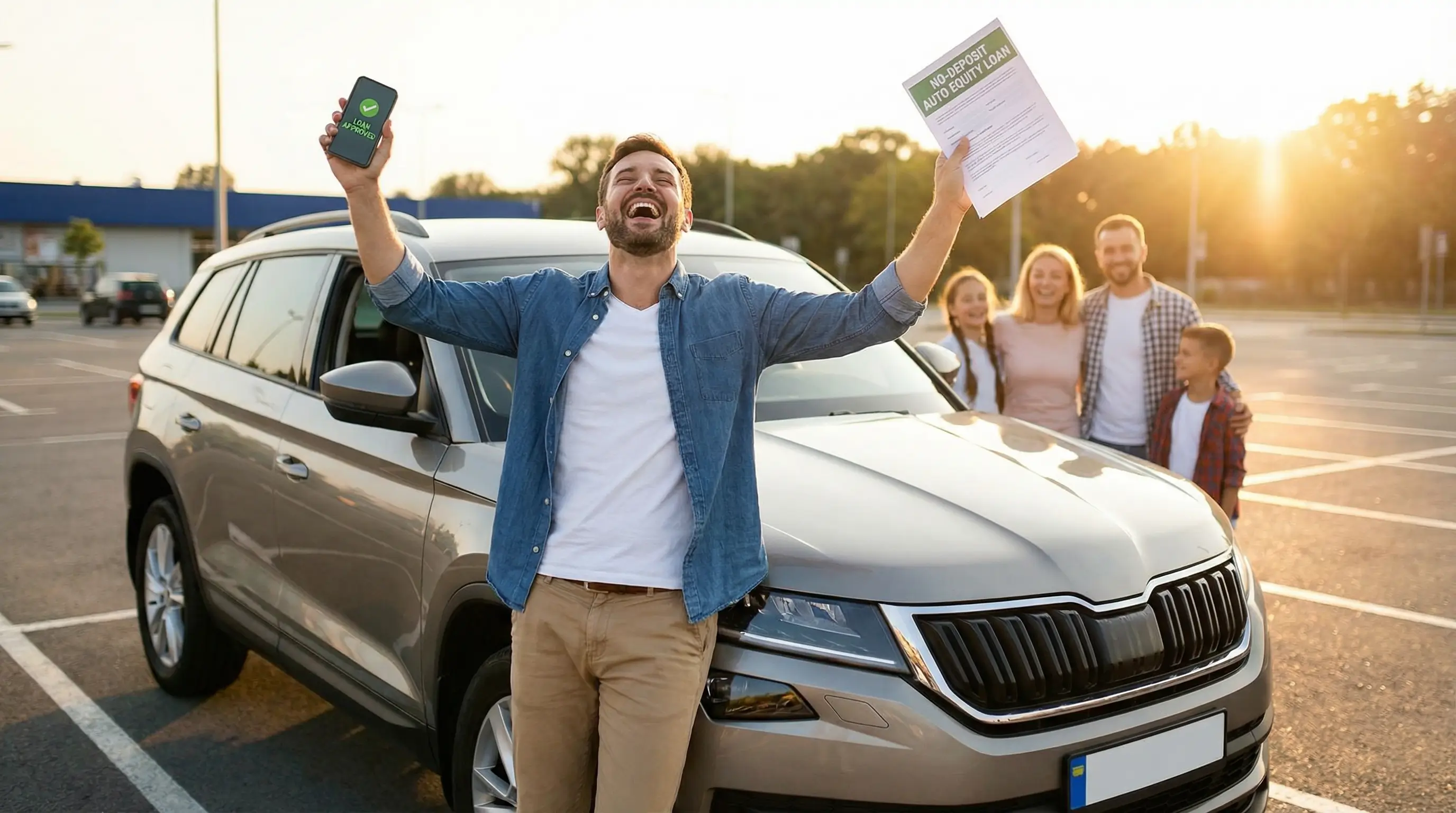 내 자동차를 담보로 입고 없이 그대로 운행하며 대출 승인을 받고 기뻐하는 모습