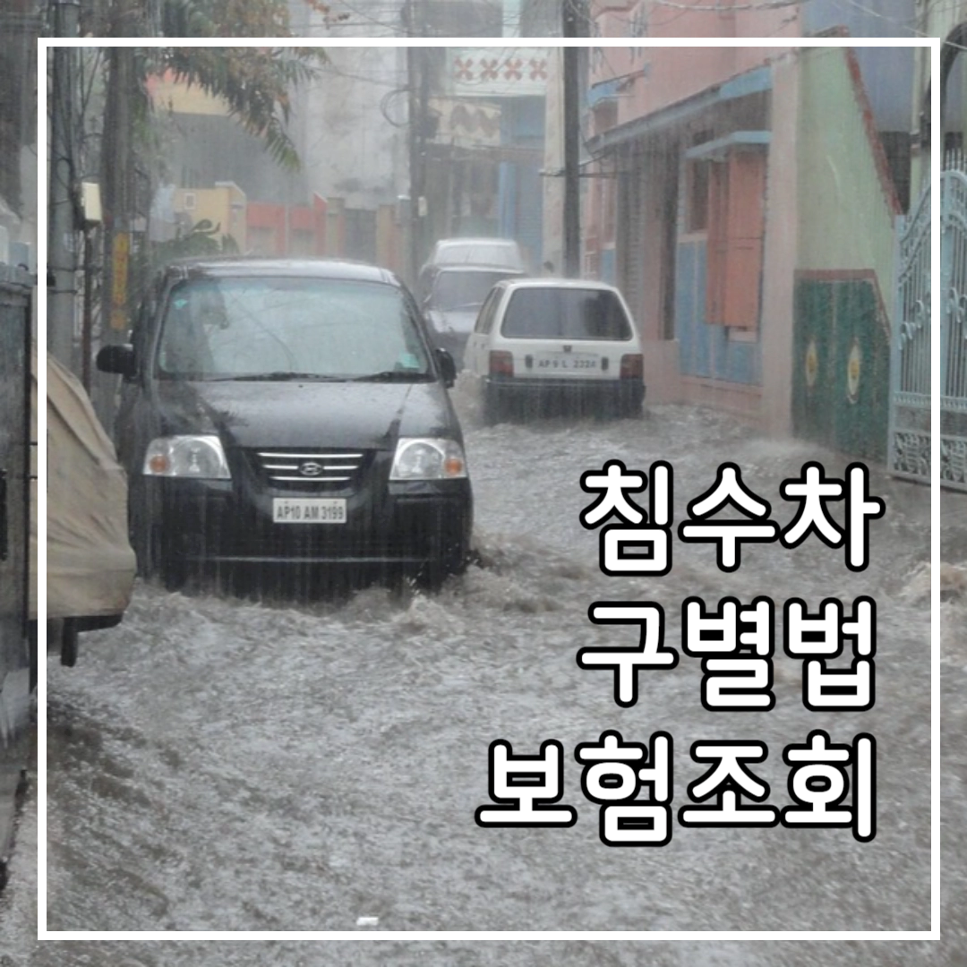 많이 쏟아지는 비에 골목에 물이 차고 차가 있다.