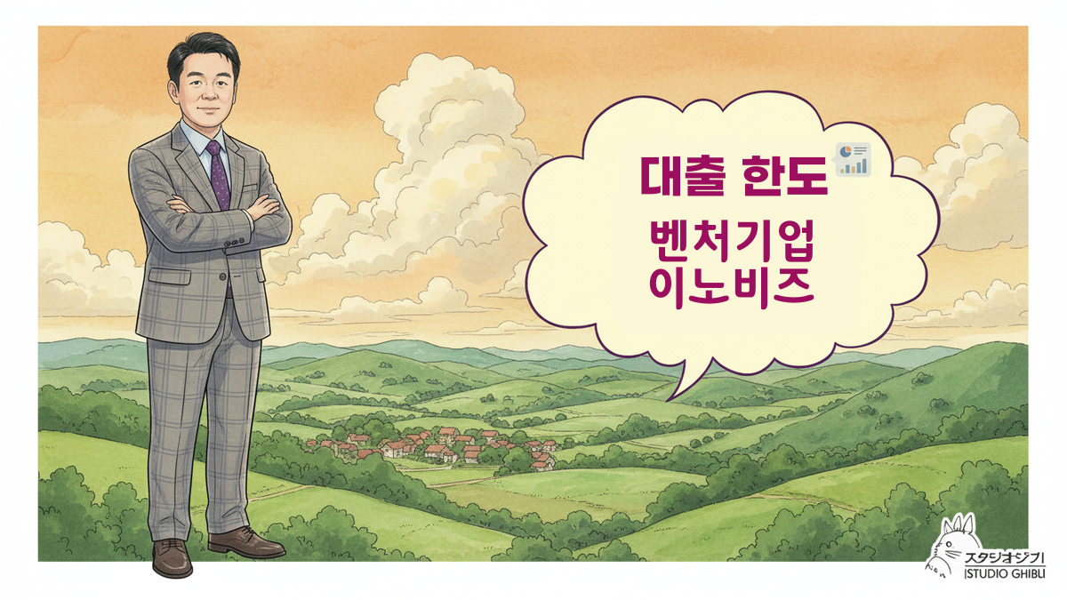 푸르다허브 이두규대표 아바타-일러스트, 기술신용보증기금 벤처기업,이노비즈 인증 대출한도상향에 대하여 설명하는 모습