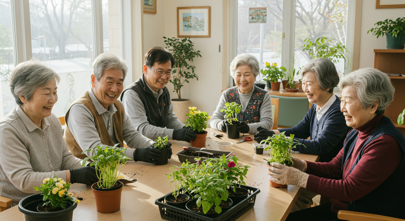 노인분들이 모여서 원예활동을 하고 있다