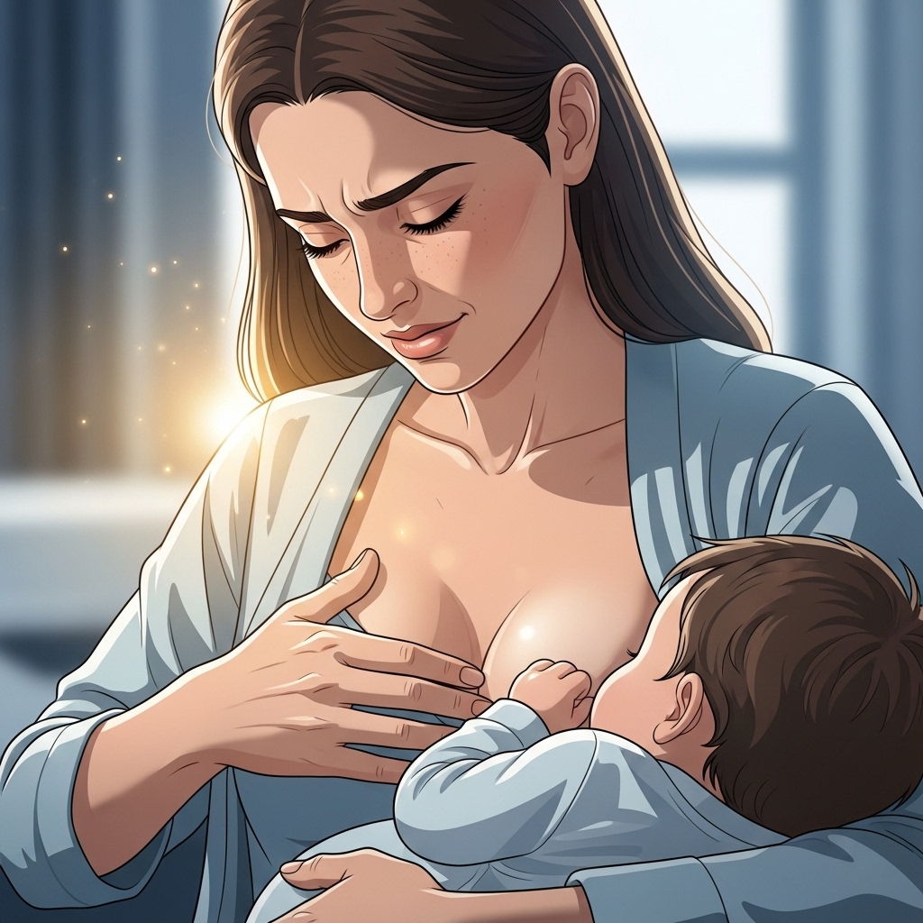 젖몸살로 통증을 느끼는 엄마가 가슴을 부드럽게 마사지하며 위로받는 모습