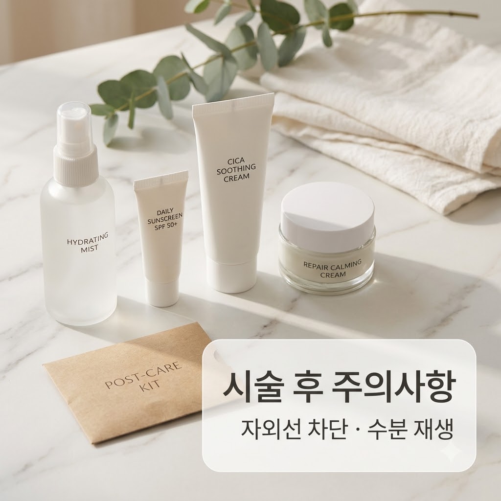 레이저 시술 후 피부 회복을 유도하는 자외선 차단제와 재생 크림 등 보습&middot;재생 케어 용품을 보여주는 이미지