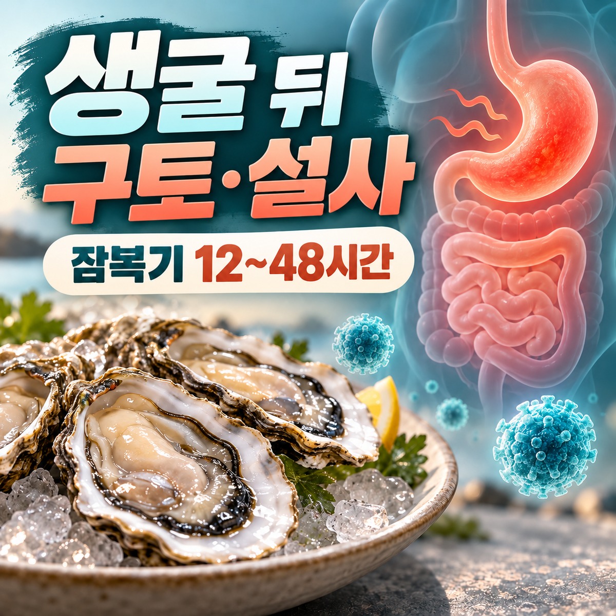 생굴과 소화기관을 배경으로 구토·설사와 잠복기 12~48시간을 표시한 교육 인포그래픽