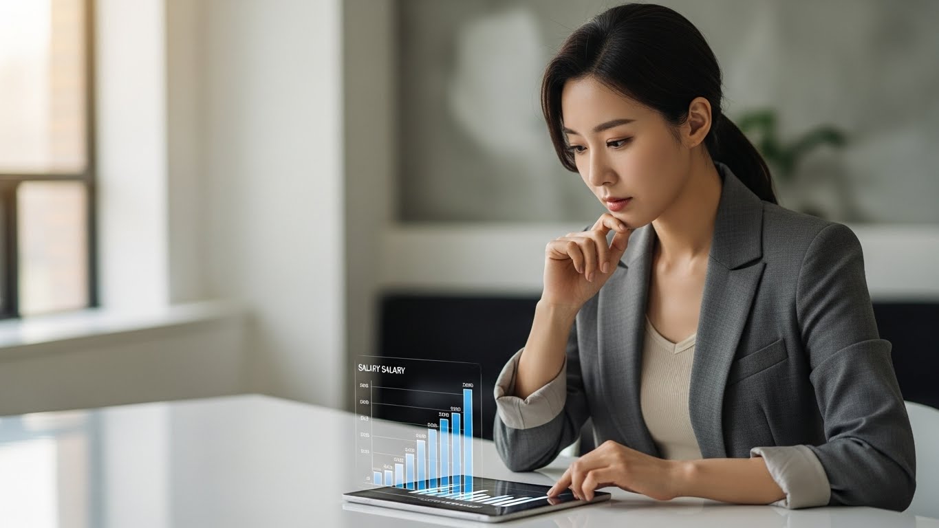 태블릿 PC로 연봉 구간별 실수령액 차이를 비교 분석하는 한국 여성