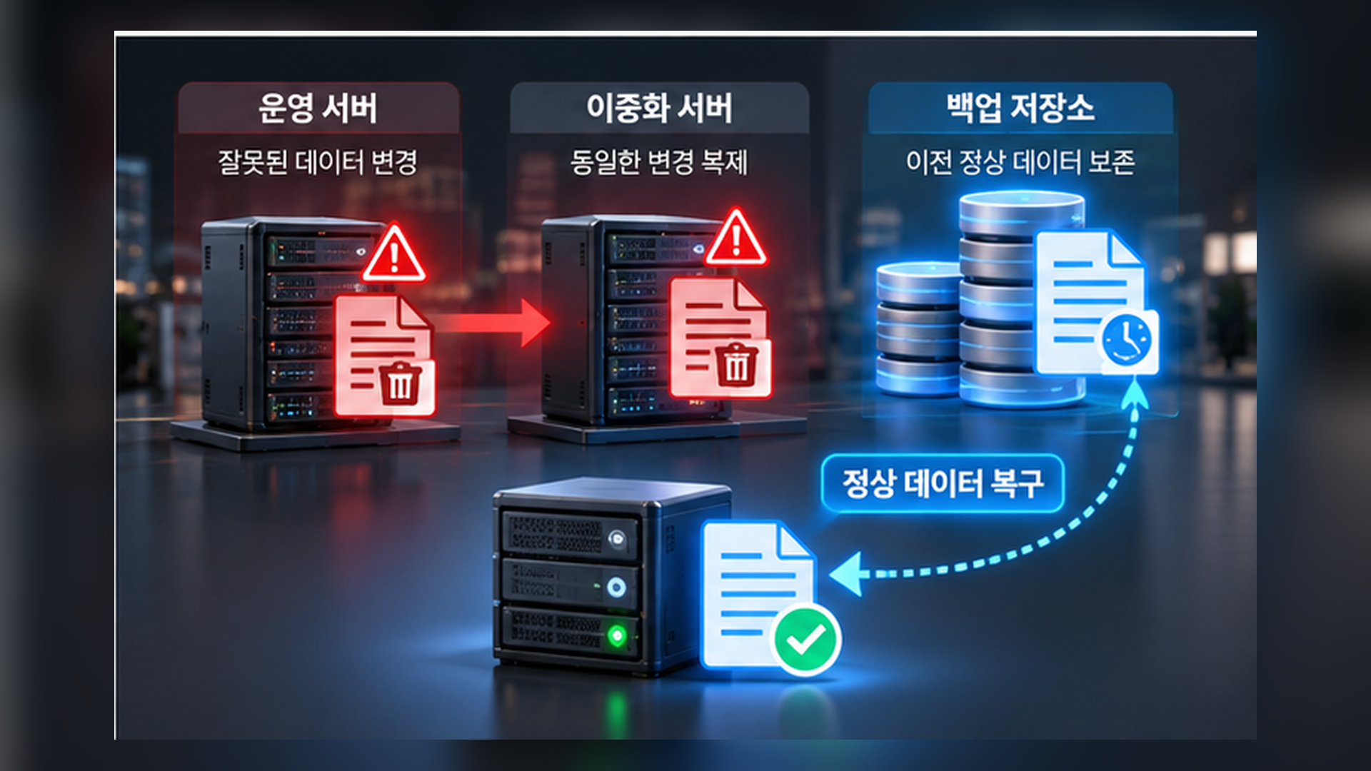 이중화 시스템에 데이터 오류가 복제되고 별도 백업에서 정상 데이터를 복구하는 상황