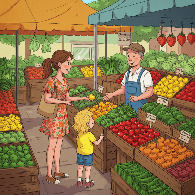 농산물을 사고 있는 여자와 아이