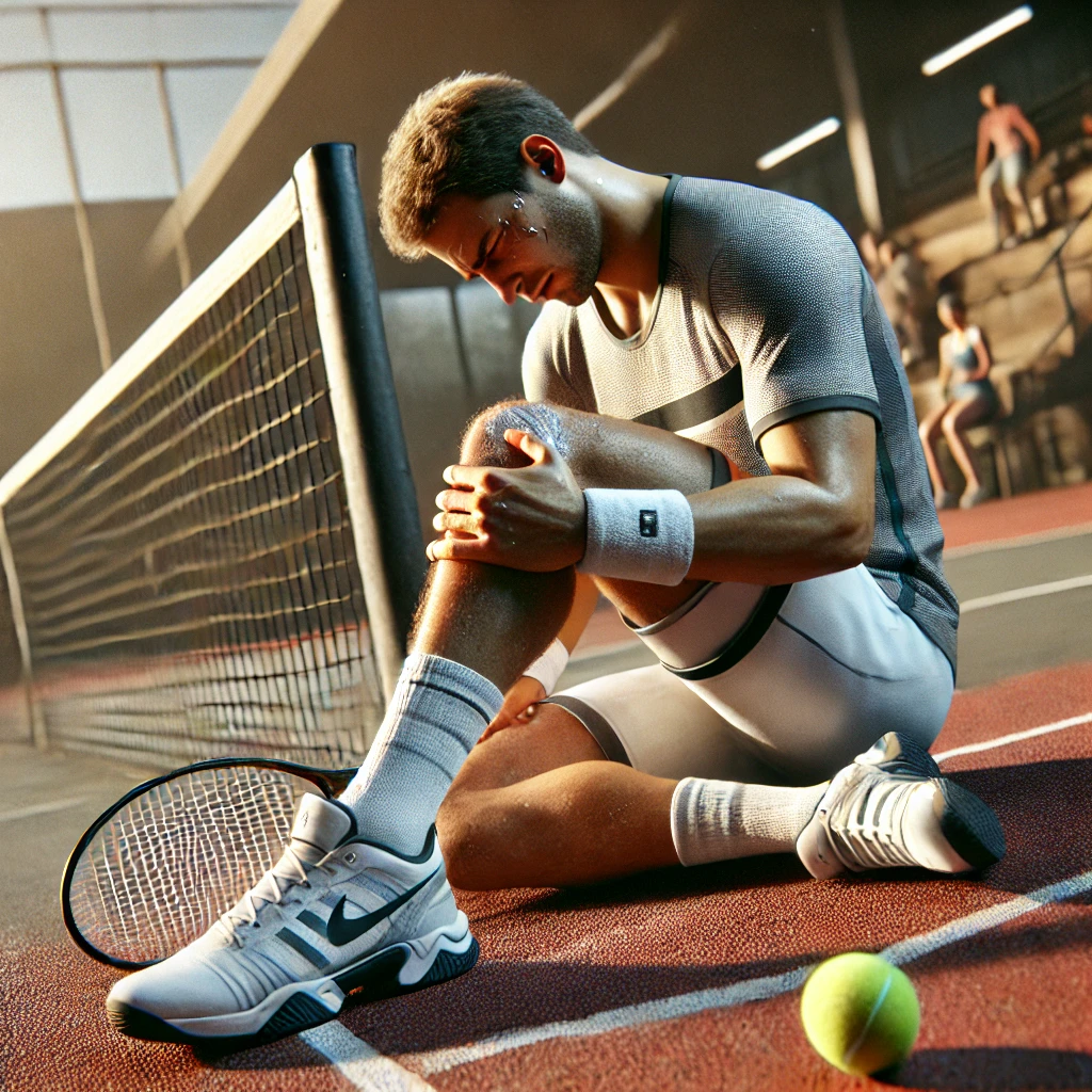 테니스 코트에서 무릎을 부여잡고 고통스러워하는 선수, 옆에는 테니스 라켓과 공이 놓여 있음.