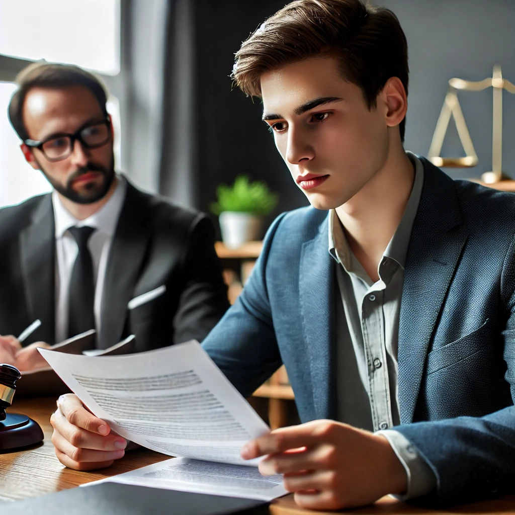 진지한 표정으로 법률 문서를 읽고 있는 젊은 남성, 맞은편에 앉아 있는 변호사