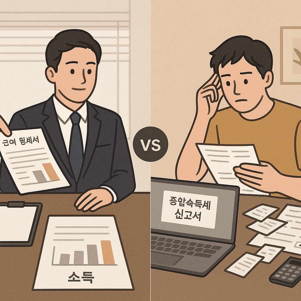 근로자와 프리랜서의 세금 계산 장면을 비교한 이미지 &ndash; 한쪽은 월급 수령, 다른 쪽은 노트북과 영수증으로 세금 정산 중