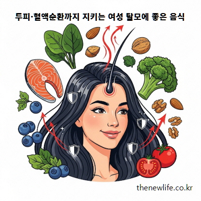 여성 탈모 예방을 위해 두피 건강과 혈액순환을 돕는 음식과 영양소를 설명하는 이미지