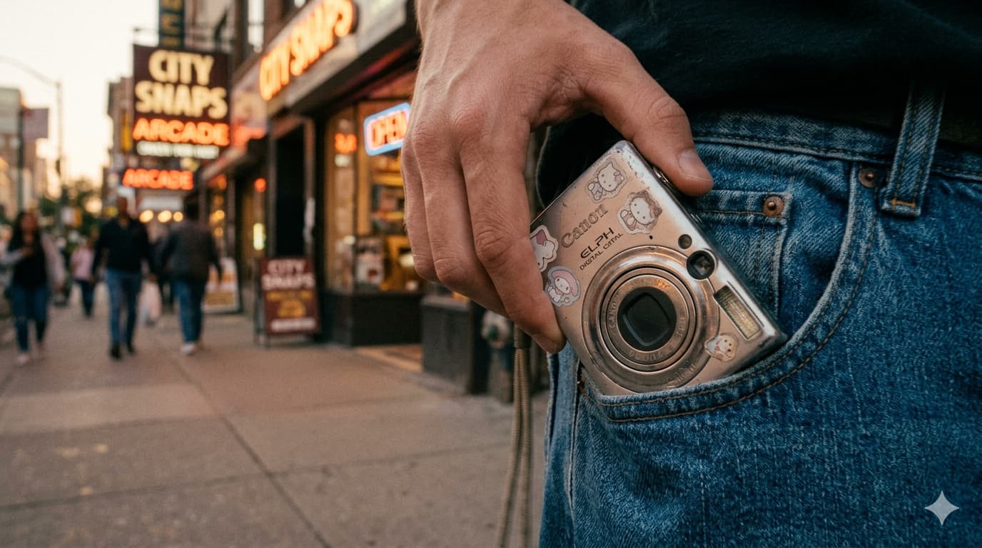 청바지 주머니에서 스티커로 꾸며진 실버 캐논 ELPH 빈티지 디카를 꺼내는 모습과 노을 지는 도시 배경의 레트로 감성 사진