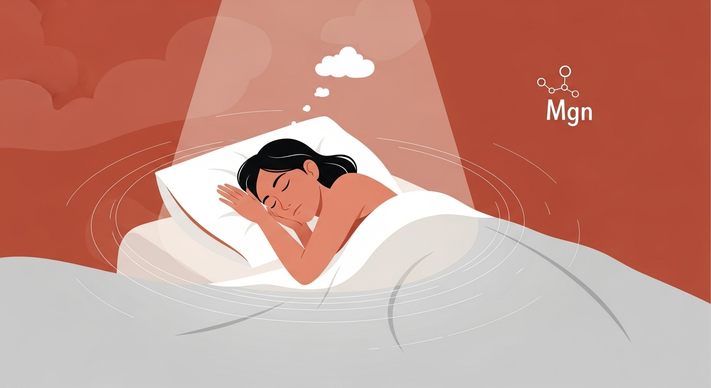 편안하게 잠든 사람과 주변의 고요한 분위기, 마그네슘이 숙면에 도움을 주는 모습을 상징하는 이미지.
