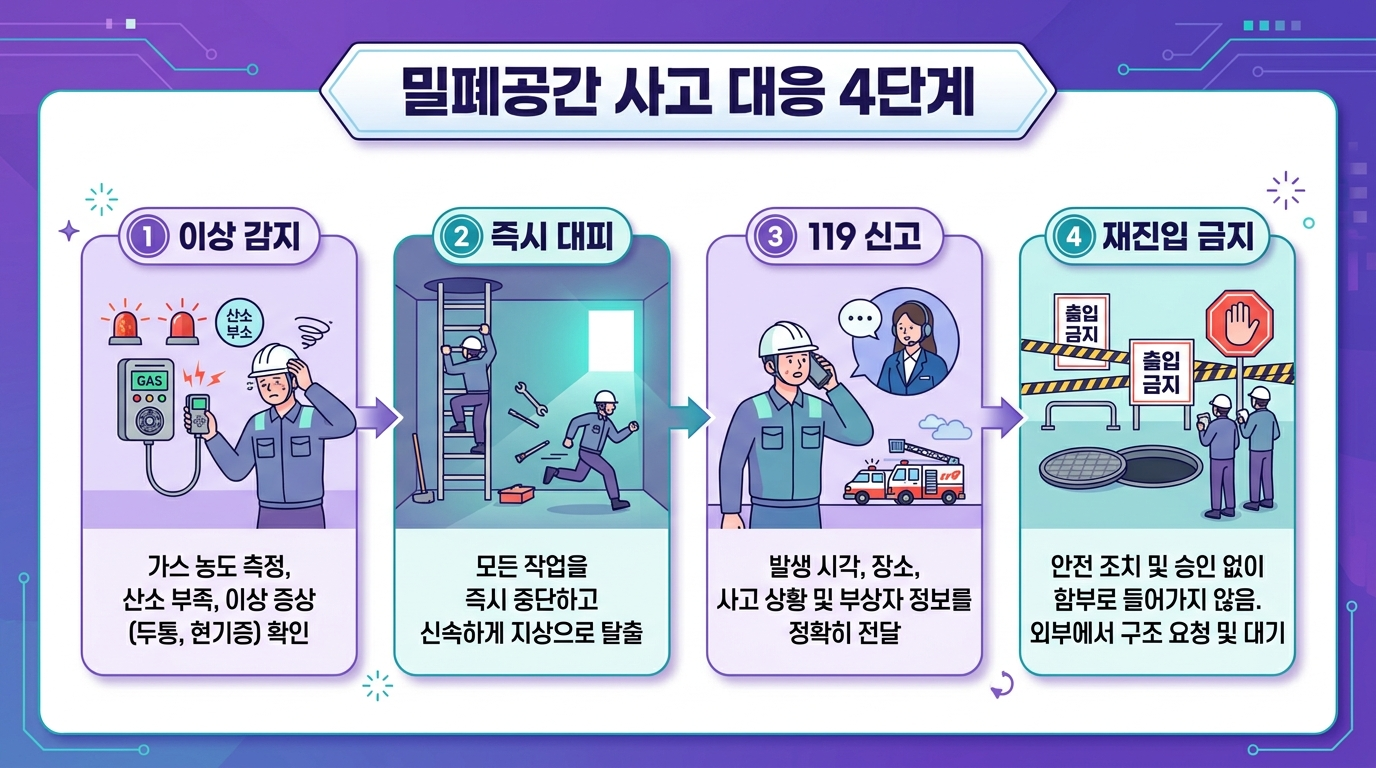 밀폐공간 사고 대응 4단계 절차를 보여주는 프로세스 인포그래픽