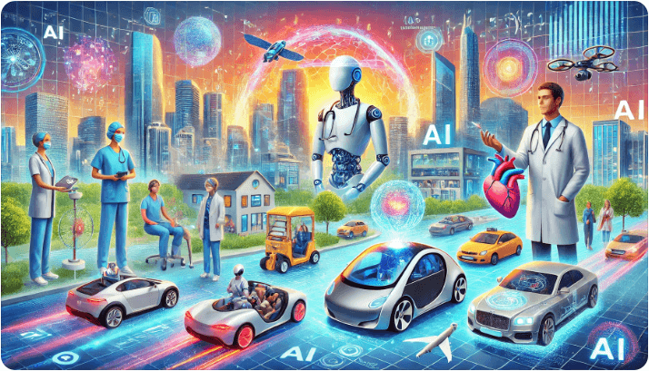 AI가 실생활에 미치는 영향 - 헬스케어, 교통, 엔터테인먼트 표현 이미지