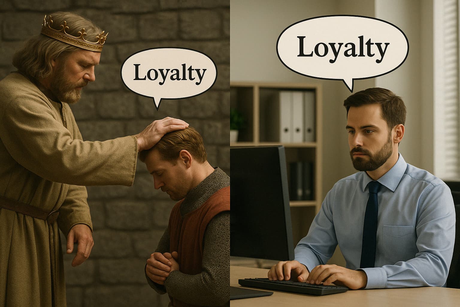 중세 유럽 기사도의 충성심과 현대 직장인의 윤리는 공통점은 충성심(Loyalty)임을 보여주는 이미지