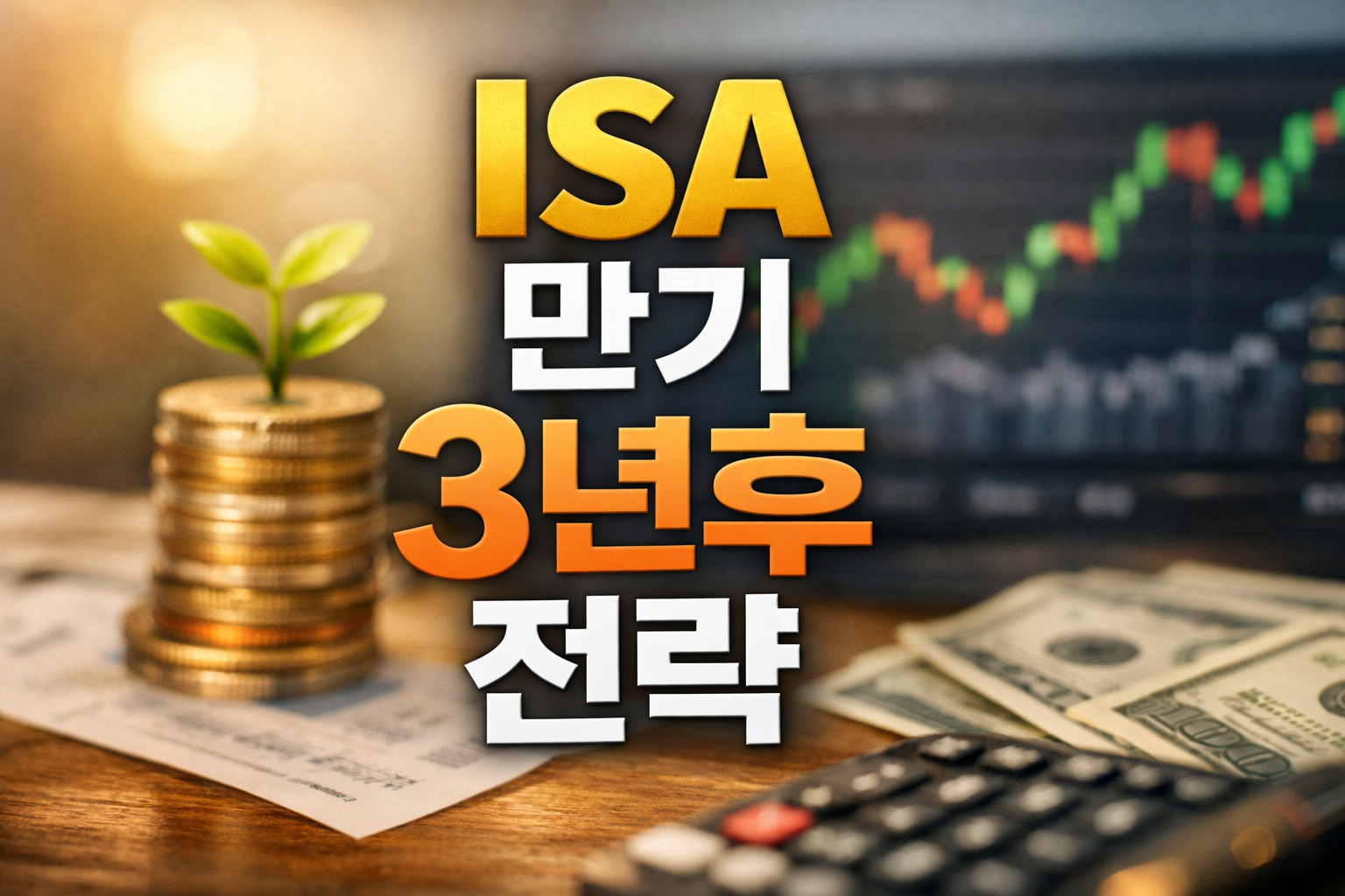 동전 더미 위 새싹과 주가 차트 배경, 달러 지폐와 계산기가 놓인 테이블 위에 ‘ISA 만기 3년후 전략’ 문구가 크게 들어간 투자 썸네일 이미지