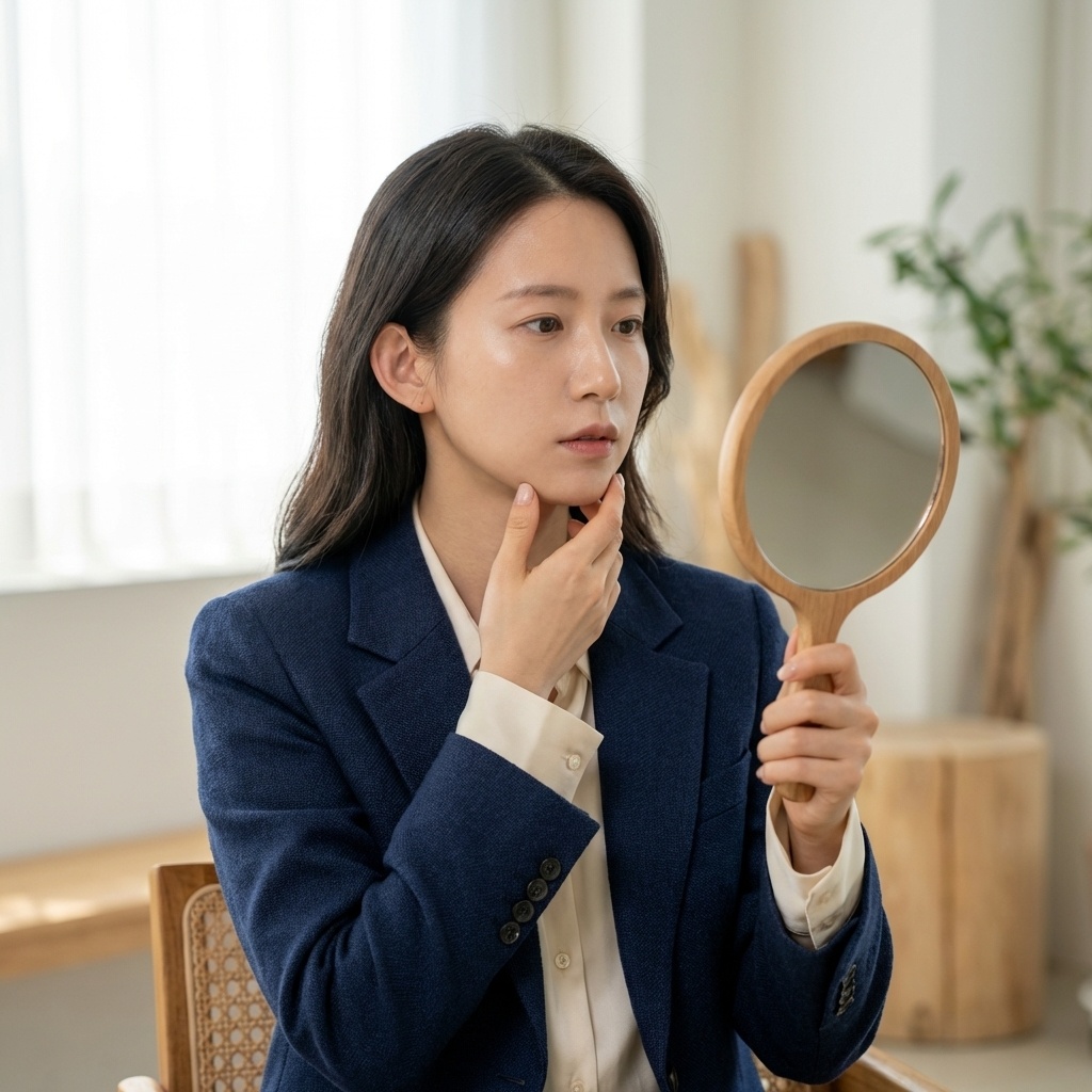 거울을 보며 자신의 턱 근육 움직임을 관찰하는 30대 초반 한국 여성