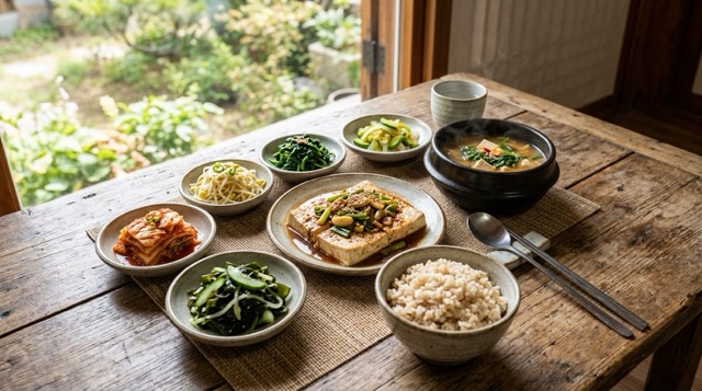 현미밥과 채소, 담백한 반찬이 포함된 균형 식단