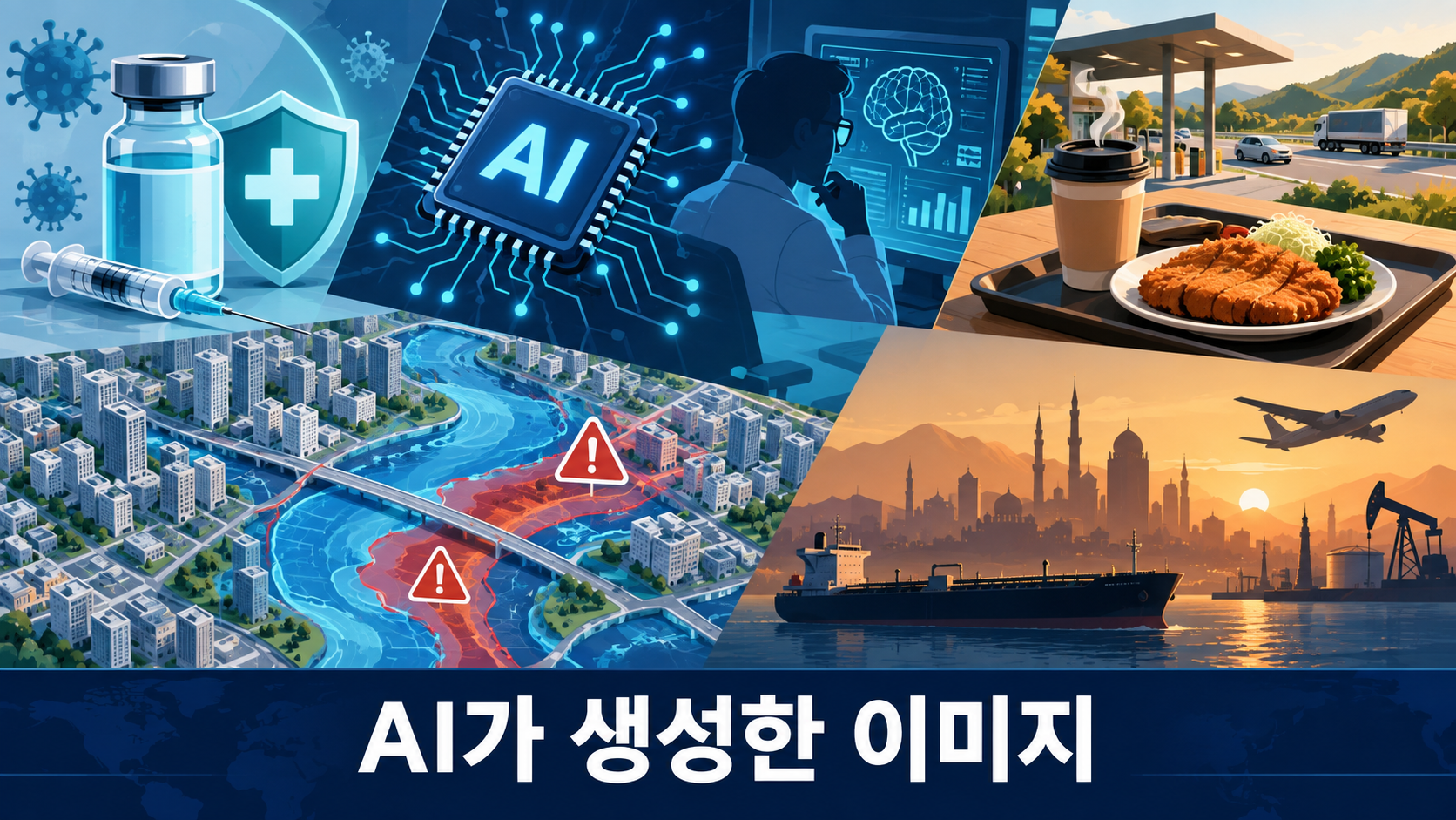 독감 백신, AI 연구, 고속도로 휴게소 물가, 침수 위험, 중동 에너지 불안을 상징하는 2026년 9월 20일 아침 뉴스 개념 일러스트
