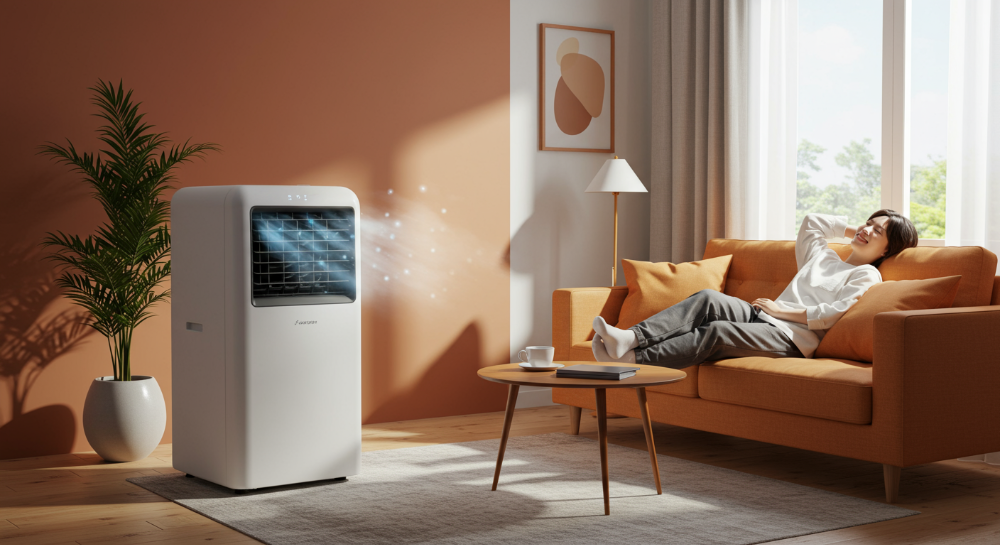 테라코타 톤의 거실에서 시원한 바람을 내뿜는 현대적인 이동식 에어컨과 편안하게 휴식하는 사람의 모습
