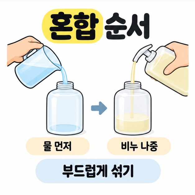 전용 용기에 물을 먼저 붓고 비누를 나중에 넣는 순서와 부드럽게 섞기 문구를 보여 주는 그림
