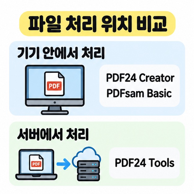 PDF24 Creator와 PDFsam Basic은 기기 안에서 처리하고 PDF24 Tools는 서버에서 처리한다는 차이를 컴퓨터와 서버 그림으로 위아래 비교한 도식