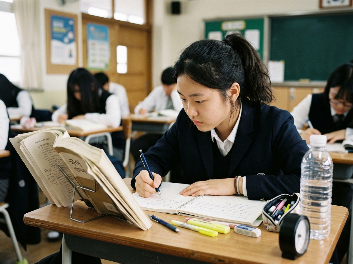 새 학년 국어 학습을 준비하는 중고등학생이 책상에서 국어 교재를 들여다보는 모습
