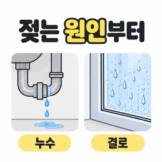 배관 연결부에서 물이 새는 누수와 창문에 물방울이 맺히는 결로를 나란히 비교한 그림