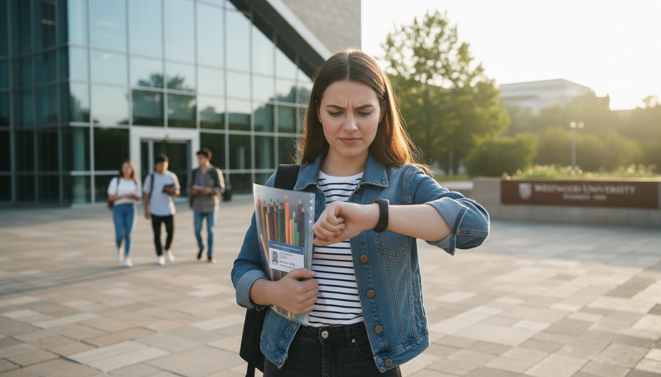 토익 고사장 앞에서 아날로그 시계로 입실 시간을 확인하는 대학생의 모습