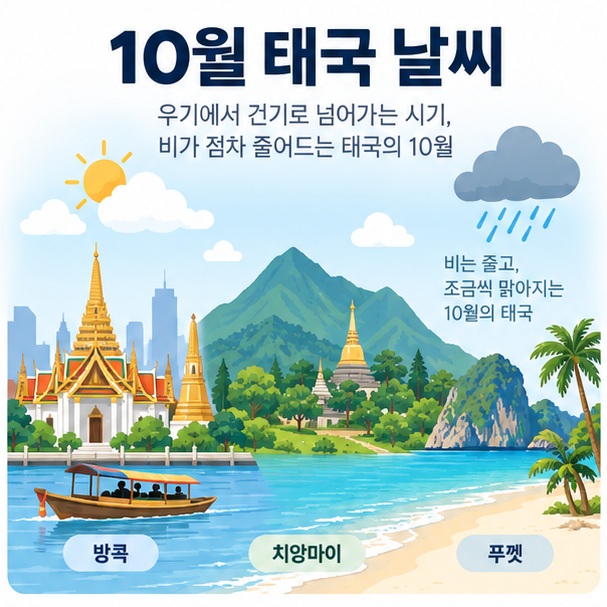 방콕 사원과 치앙마이 산, 푸껫 해변을 배경으로 10월 태국 날씨라는 글자가 중앙에 놓인 여행 날씨 인포그래픽