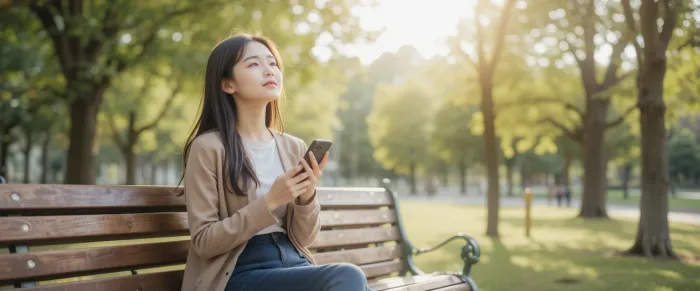 벤치에서 조용히 하늘을 바라보는 여성