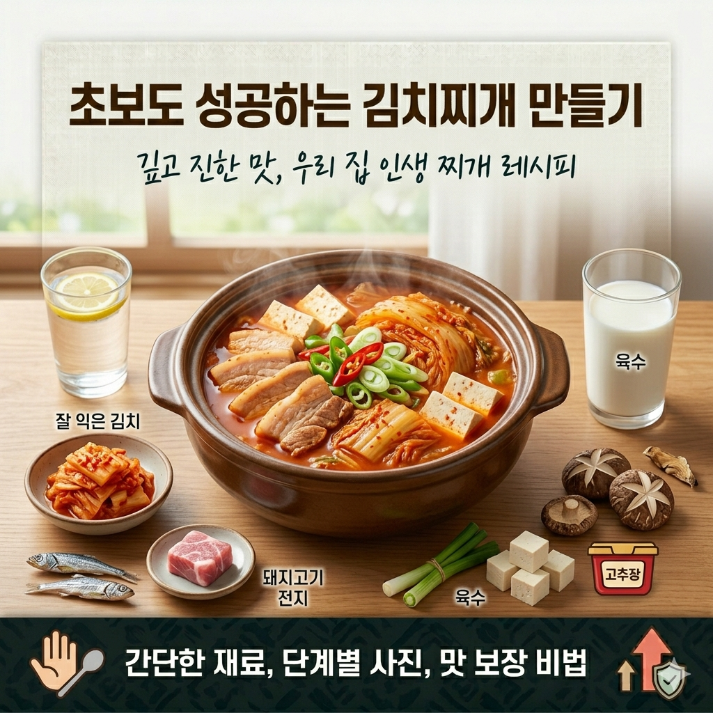 진하고 얼큰한 국물 색이 살아있는 밥도둑 돼지고기 김치찌개 완성 사진