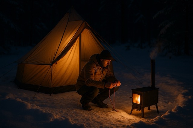 겨울 캠핑에서 안전 점검을 하는 남자 모습