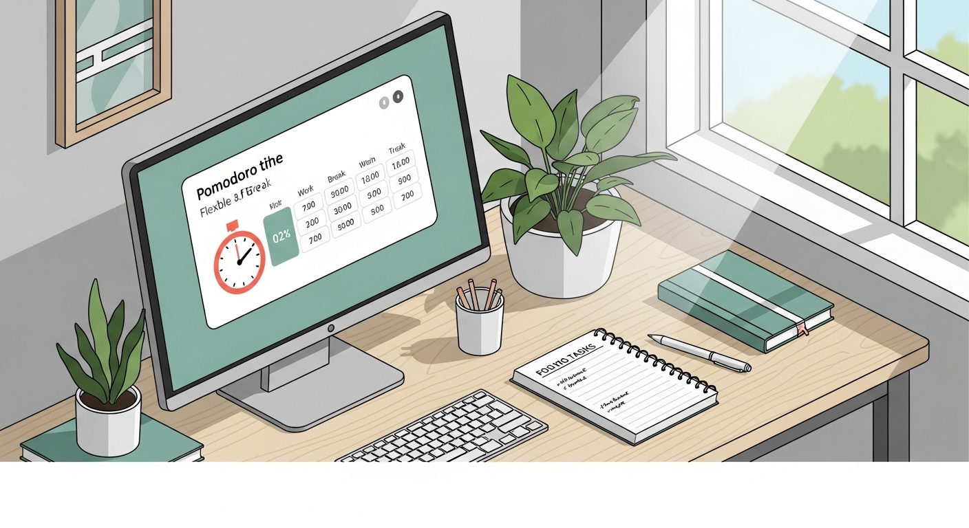 최적화된 포모도로 작업을 위한 미니멀한 책상 설정. AI 기반 타이머, 정리된 도구, 햇빛이 드는 창가로 생산적인 환경을 보여줌.
